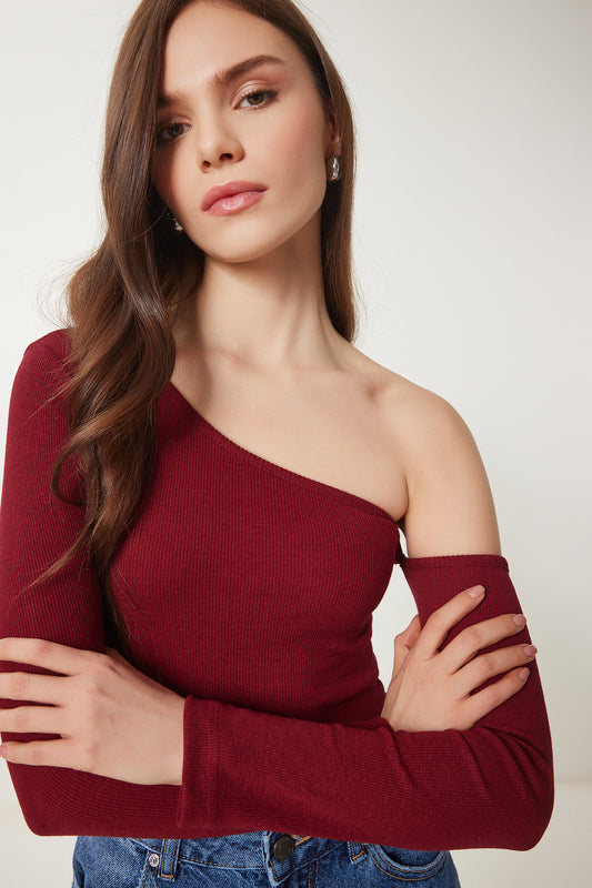Happiness İstanbul Women's Burgundy Open Shoulder Corduroy Knitted Blouse Women