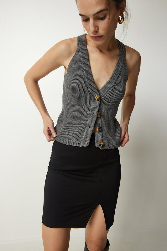 Happiness İstanbul Women's Anthracite Halter Collar Button Knit Vest Women