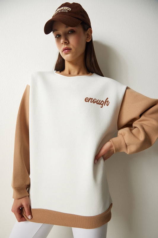 Happiness İstanbul Women's White Biscuit Block Colored Raised Sweatshirt Women