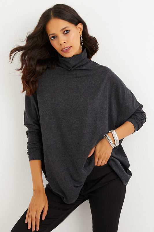 Cool & Sexy Women's Anthracite Bat Sleeve Fisherman Blouse Women