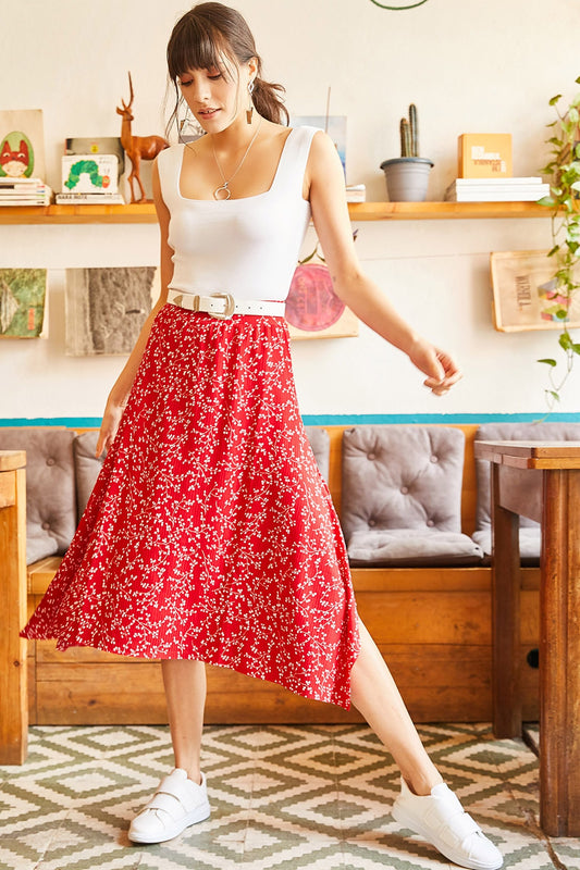 Olalook Women's Red Asymmetrical Patterned Skirt Women