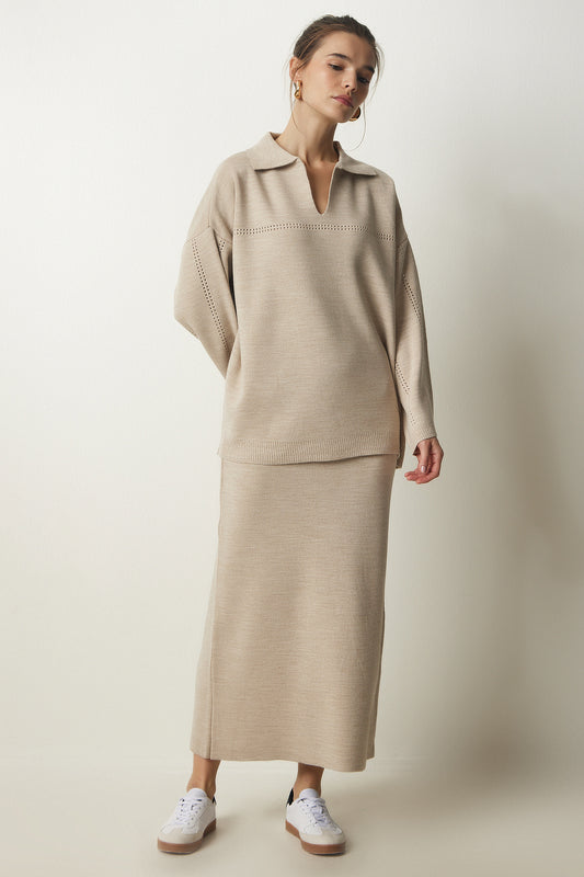 Happiness İstanbul Women's Beige Polo Collar Stylish Knitwear Sweater Skirt Set Women