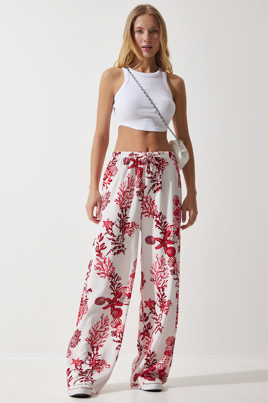 Happiness İstanbul White Pink Patterned Viscose Palazzo Women's Trousers Women
