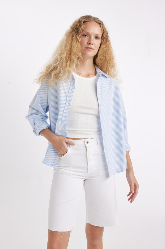 DeFacto Oxford Shirt - Long Sleeve, Shirt Collar, Oversize Fit Blue Women