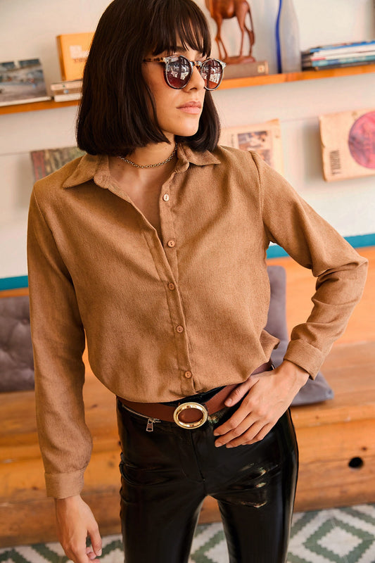 Olalook Women's Milk Brown Thin Corduroy Shirt Coffee With Milk Women
