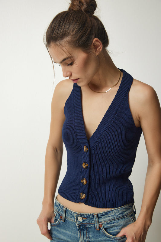 Happiness İstanbul Women's Navy Blue Halter Collar Buttoned Knit Vest Women