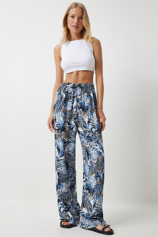Happiness İstanbul Women's Navy Blue Black Patterned Flowing Viscose Palazzo Trousers Navy Black Women