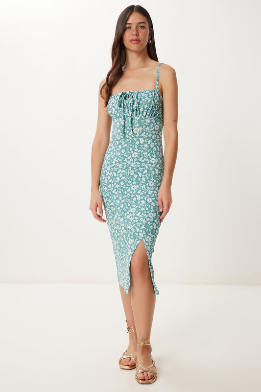 Happiness İstanbul Women's Water Green Floral Slit Summer Knitted Dress Aqua Green Women