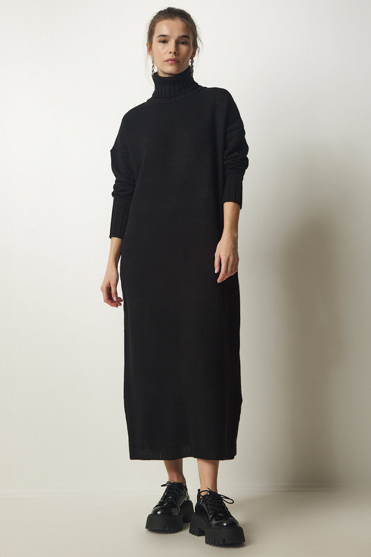Happiness İstanbul Women's Black Turtleneck Slit Oversize Knitwear Dress Women