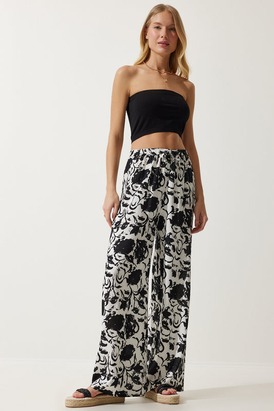 Happiness İstanbul Women's Vibrant White Patterned Flowing Viscose Palazzo Trousers Bright White Women