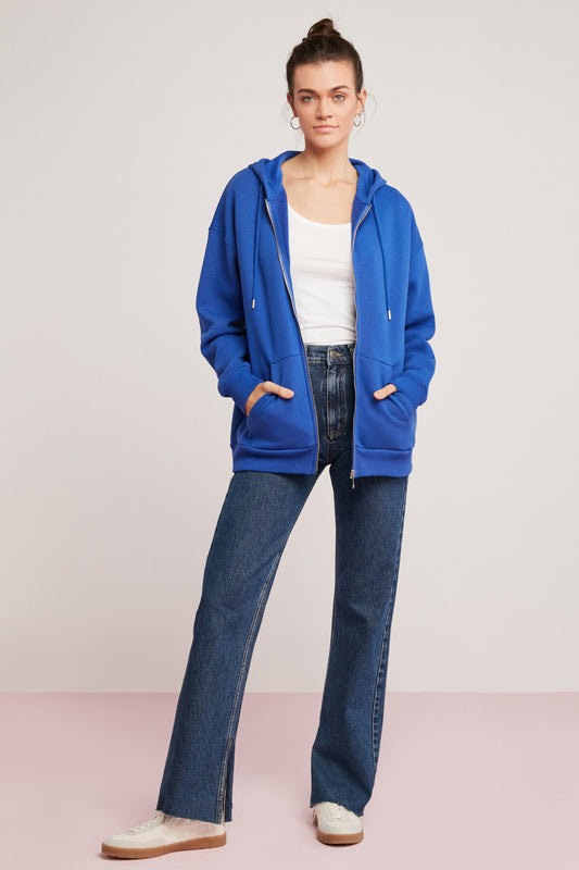 ETHIQUET Modest Oynx Women's Cotton Fleece Soft Hooded Oversize Double Pocket Saks Blue Sweatshirt Women