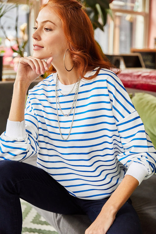 Olalook Women's White Indigo Striped Basic Soft Textured Loose Sweatshirt Women