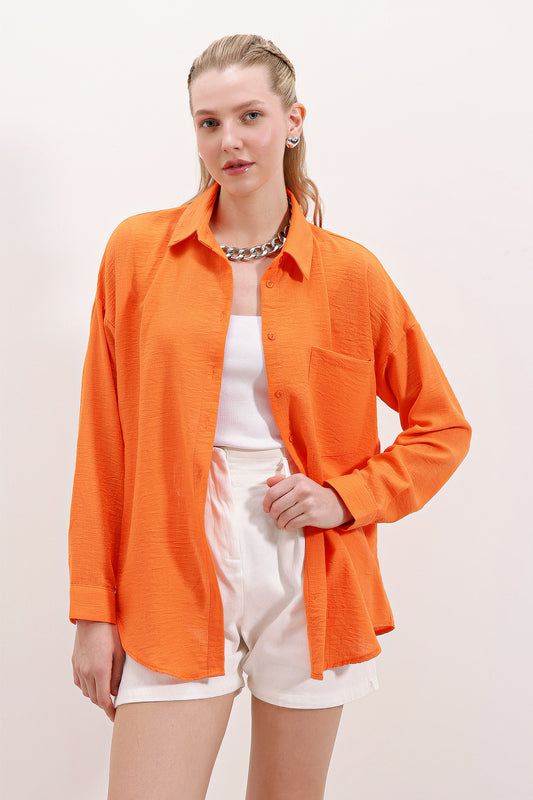 Bigdart Single Pocket Oversize Linen Shirt - Orange Women