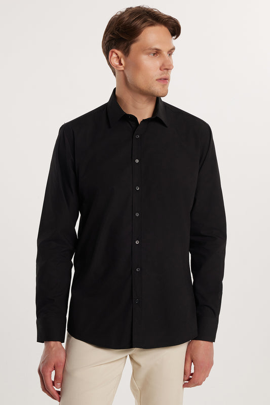 Tudors Modern Slim Fit Long Sleeve Cotton Easy Iron Men's Black Shirt Men