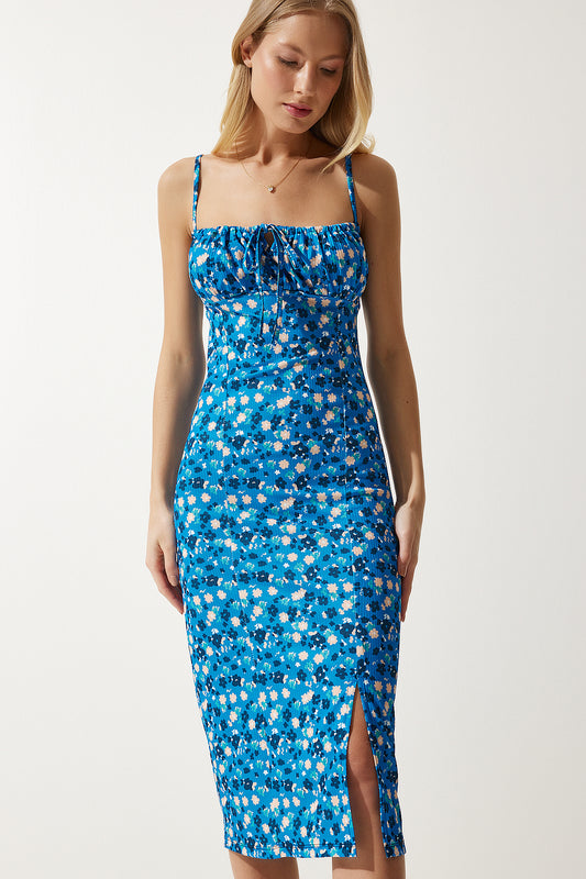 Happiness İstanbul Women's Blue Black Floral Slit Summer Knitted Dress Women