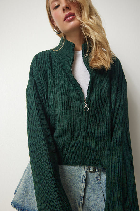 Happiness İstanbul Women's Emerald Green Zippered Knit Cardigan Women