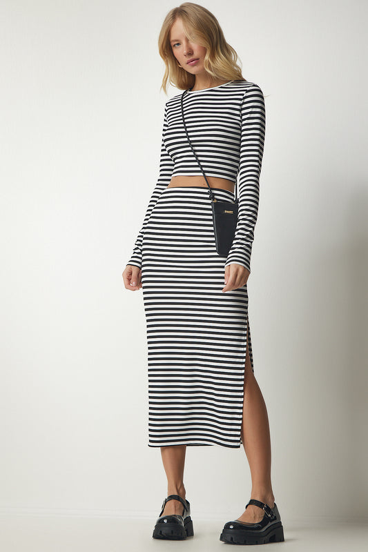 Happiness İstanbul Women's Black and White Striped Camisole Crop Skirt Set Women