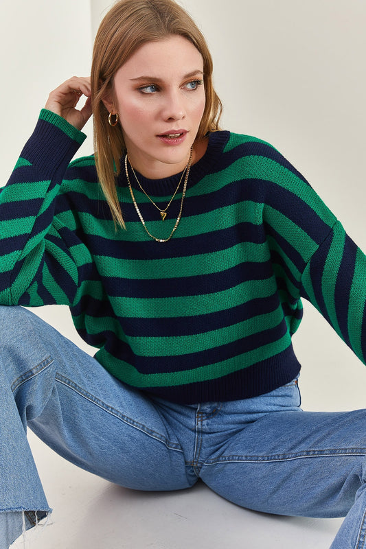 Bianco Lucci Striped Women's Knitwear Sweater Navy Blue-green Women