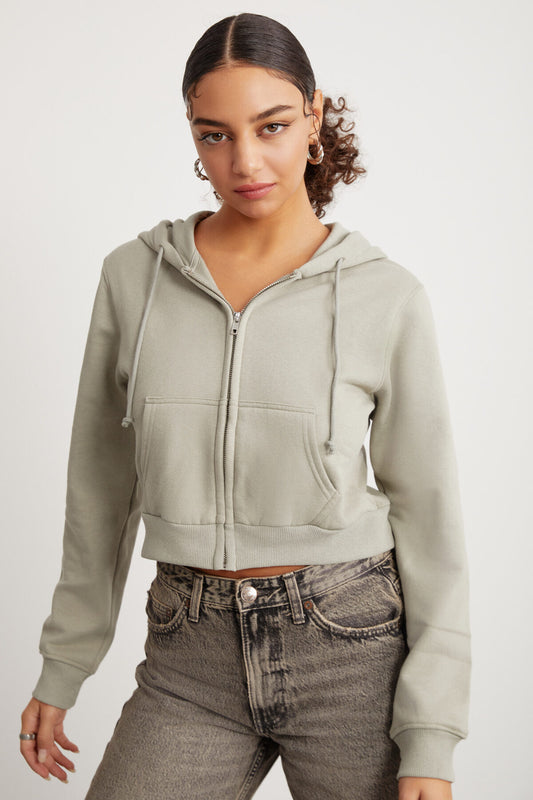 GRIMELANGE Green Delia Women's Crop Sweatshirt - 3 Thread, Zippered Hood, Relaxed Fit Light Green Women