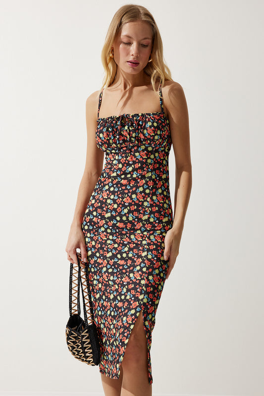 Happiness İstanbul Women's Black Orange Floral Slit Summer Knitted Dress Women