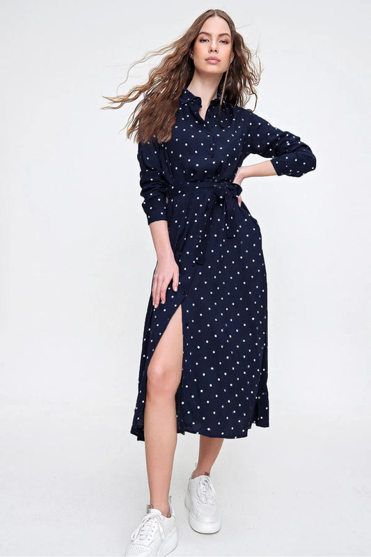 Trend Alaçatı Stili Women's Ocean Blue Polka Dot Pattern Woven Viscon Shirt Dress Alc Women