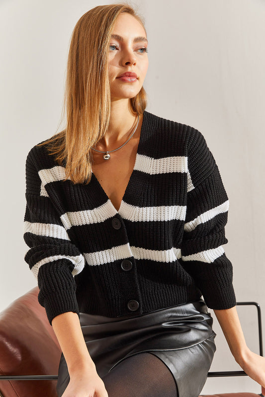Bianco Lucci Women's Three-Button Striped Knitwear Cardigan Black-ecru Women