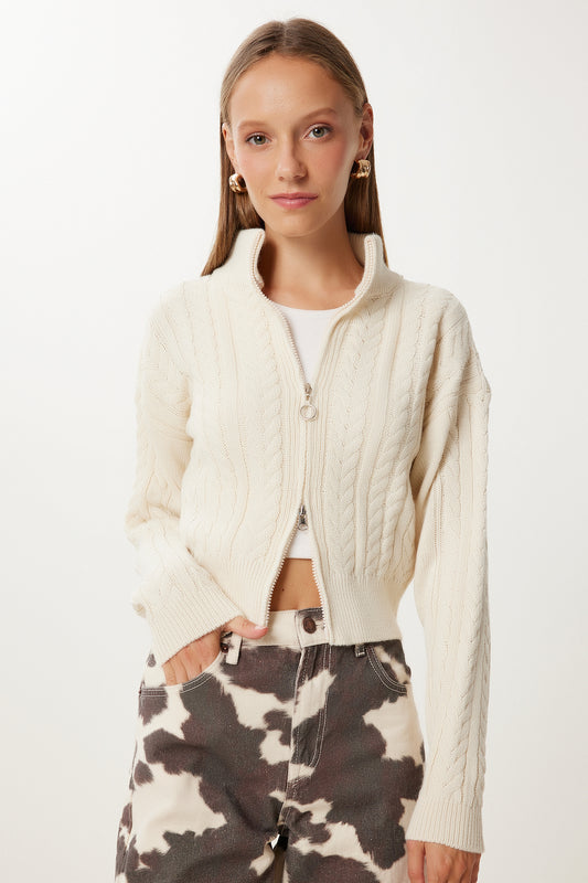 Happiness İstanbul Women's Cream Zippered Knitted Motif Knitwear Cardigan Women