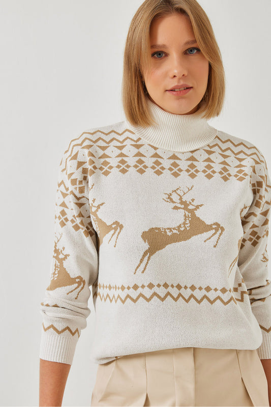 Bianco Lucci Women's Turtleneck Sweater with Deer Pattern Ecru Women