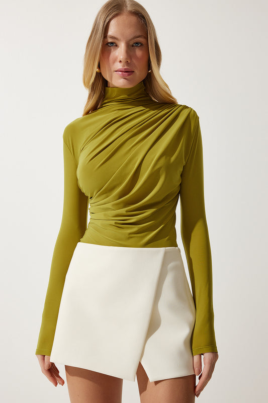 Happiness İstanbul Women's Oil Green Gather Detailed High Collar Sandy Blouse Women