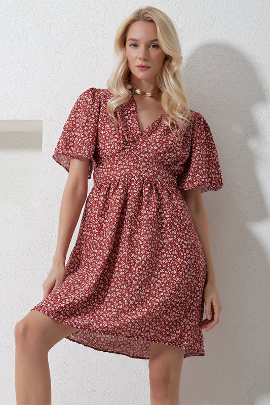 Trend Alaçatı Stili Women's Cinnamon V-Neck Short Sleeve Floral Print Skirt Flounced Woven Dress Alc Women
