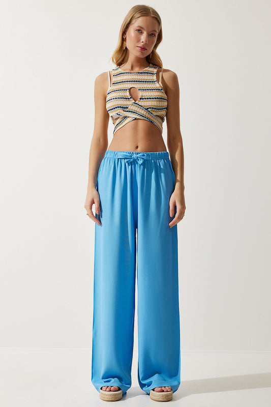 Happiness İstanbul Women's Sky Blue Summer Viscose Palazzo Trousers Women