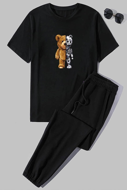 uyguntarz Unisex Boys Bear Printed 2-Piece Tracksuit Set Black Unisex