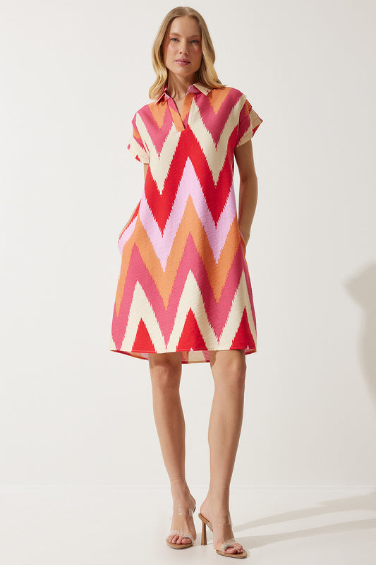 Happiness İstanbul Women's Red Cream Polo Collar Patterned Summer Dress Women
