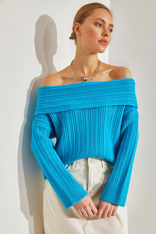Bianco Lucci Women's Ruffle Collar Sweater Turquoise Women