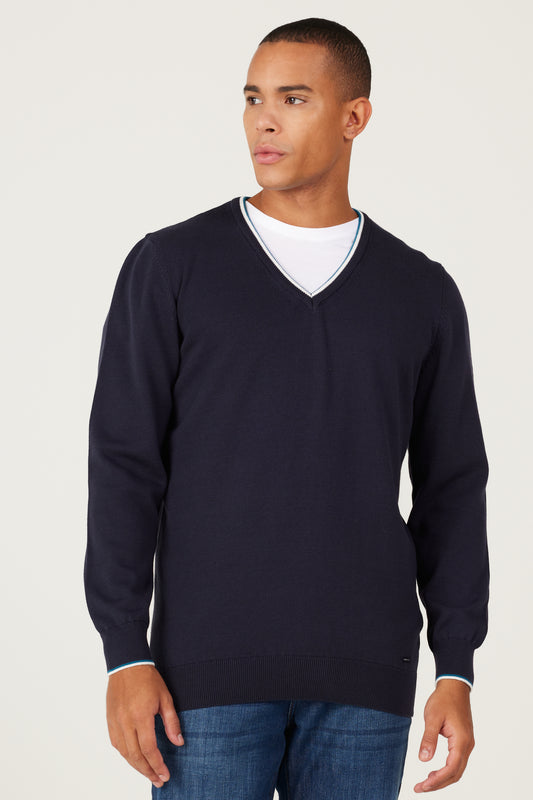 ALTINYILDIZ CLASSICS Navy Blue-Ecru Standard Fit Regular Cut V-Neck 100% Cotton Knitwear Sweater Men