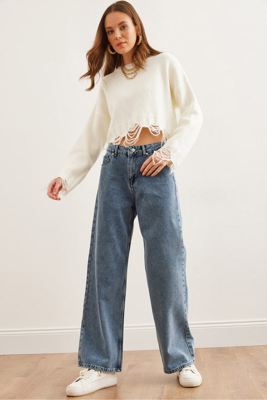 Olalook Women's Blue Pocketed Wide Leg Denim Jeans Jea Women