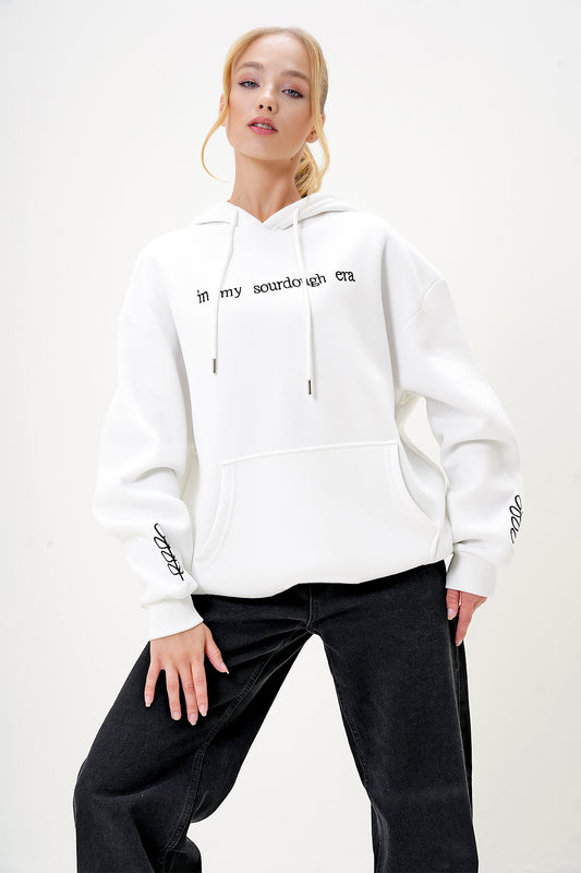 Trend Alaçatı Stili Women's Ecru Hooded Front and Sleeves Embroidered 3 Thread Raised Sweatshirt Alc Women