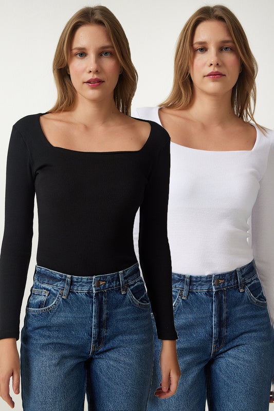 Happiness İstanbul Women's Black and White Square Collar 2-Pack Knitted Blouse Women