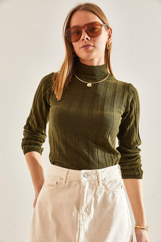 Bianco Lucci Women's Turtleneck Ribbed Knitwear Sweater Khaki Women