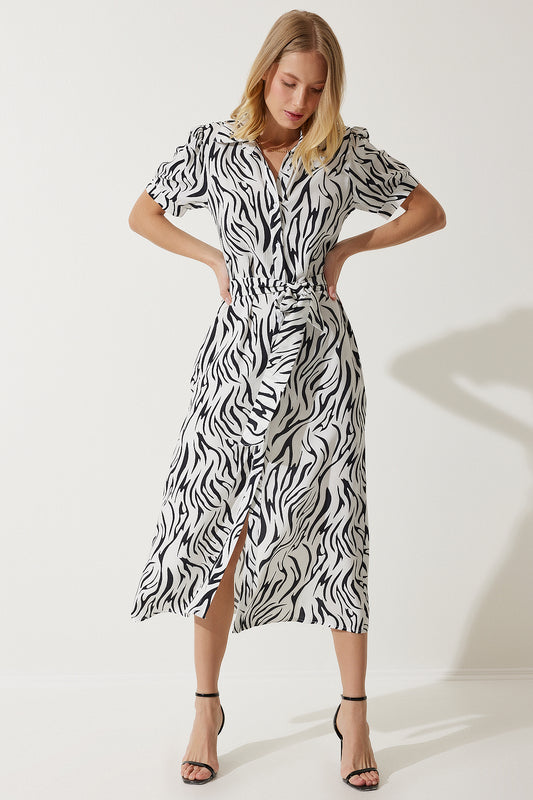 Happiness İstanbul Women's Black and White Patterned Belted Summer Shirt Dress Women