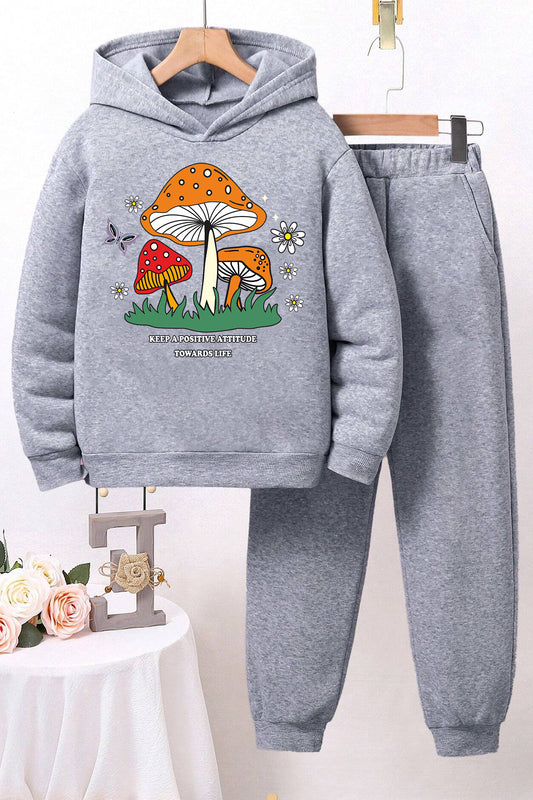 uyguntarz Mushroom Printed Tracksuit Set Gray Unisex