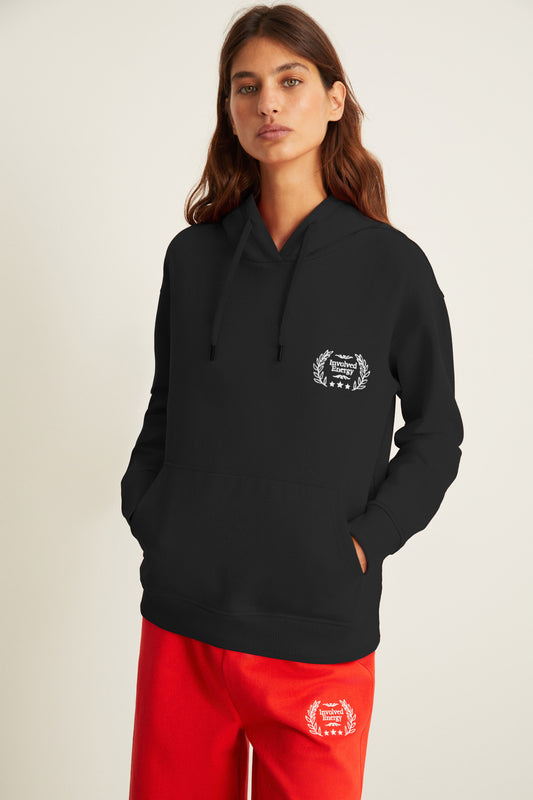 GRIMELANGE Eludne Women's Embroidered Hooded Kangaroo Pocket 3 Thread Raised Black Sweatshirt Women