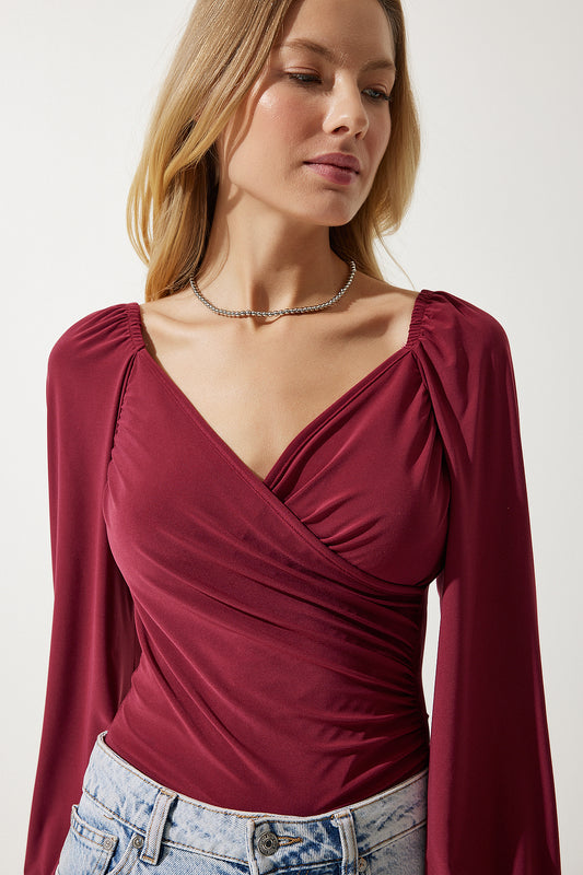 Happiness İstanbul Women's Cherry Elastic Balloon Sleeve Sandy Knitted Blouse Women