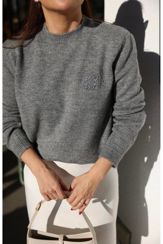 My Blog Women's Gray Crew Neck Square Embroidered Knitwear Sweater Women