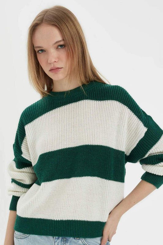 DeFacto Oversized Wide Fit Crew Neck Striped Knitwear Sweater Green Women