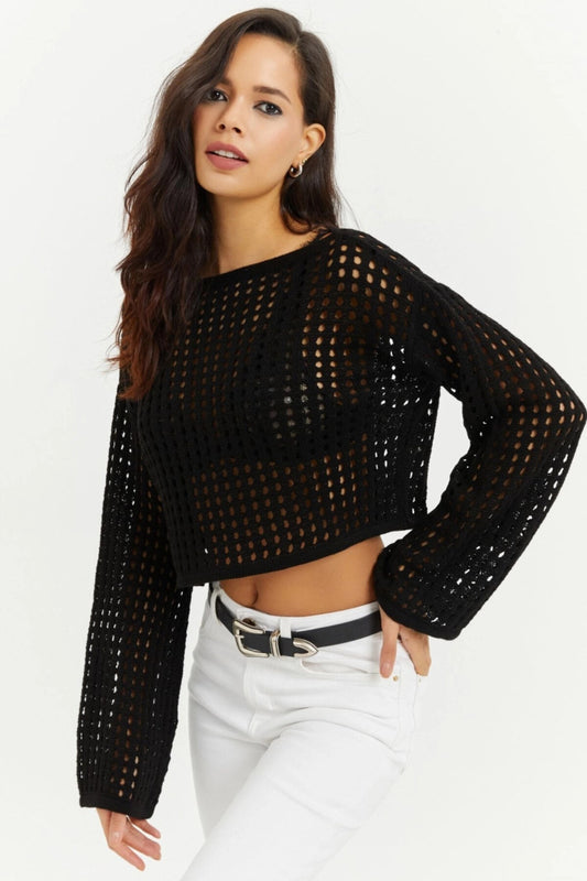 Cool & Sexy Women's Black Spanish Sleeve Openwork Knitwear Short Blouse Women