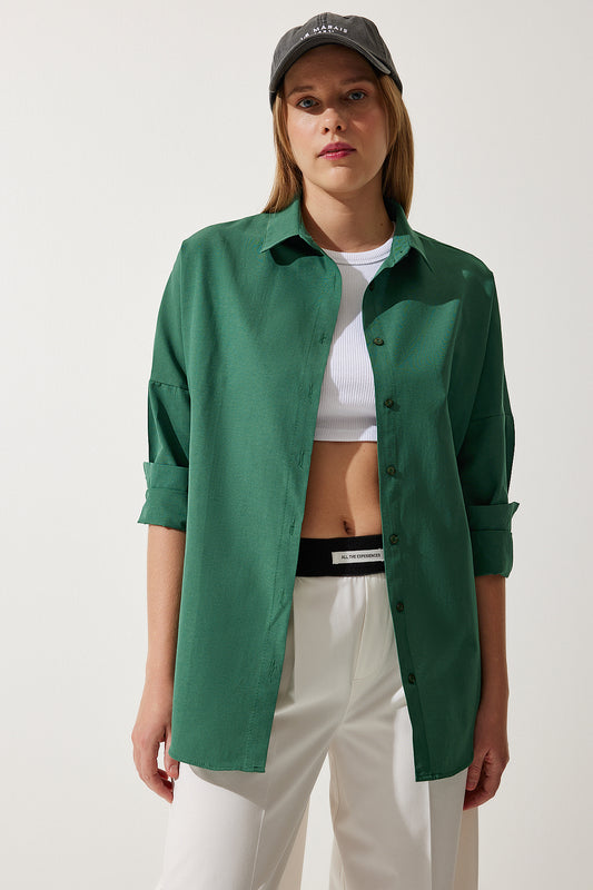 Happiness İstanbul Women's Emerald Green Oversize Long Basic Shirt Women