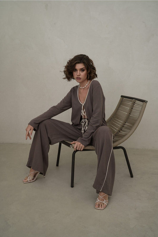 BOHEMAİ Hazel Stripe Detail Taupe Double Suit Brown Coffee Women