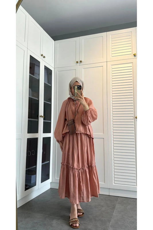 My Blog Salmon Wrinkled Flounced Blouse Skirt Set Women