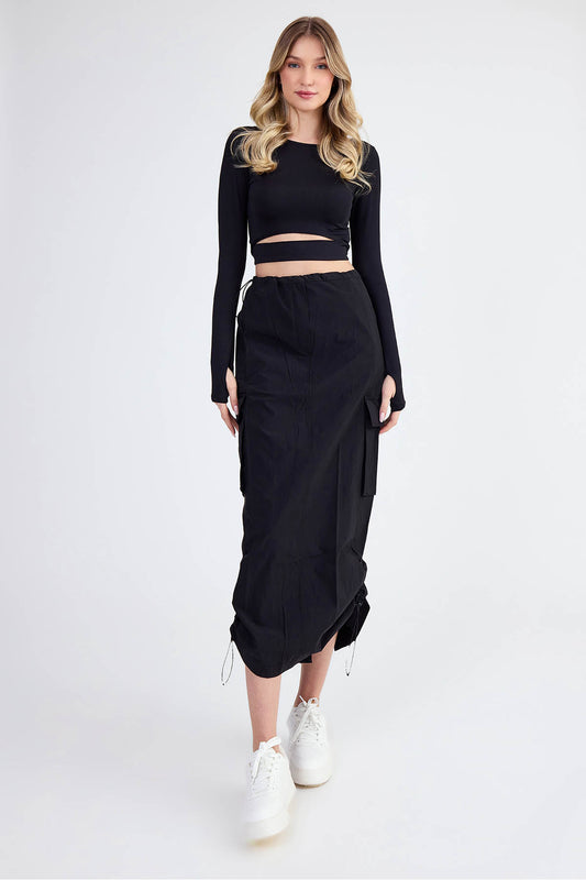 Vitrin Cargo Pocket Parachute Fabric Elastic Skirt Black Women